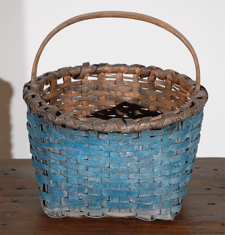 WONDERFUL 19THC ORIGINAL BLUE PAINTED LARGE HANDLED BASKET