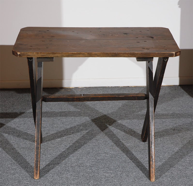 19THC ORIGINAL BLACK PAINTED SAW BUCK TABLE