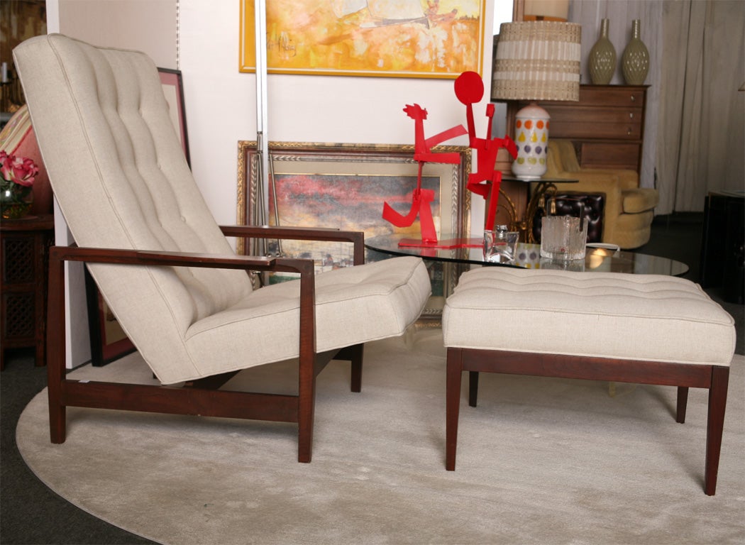 Sculptural wood danish chair with ottoman newly upholstery cushions in a delectable warm tufted linen. <br />
This chair will suit your space with style. Incredible comfortable as well.