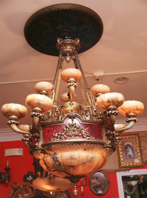 Two Tier Bronze and Alabaster Twelve-Light Chandelier