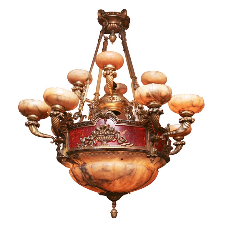 Two Tier Bronze and Alabaster Twelve-Light Chandelier For Sale