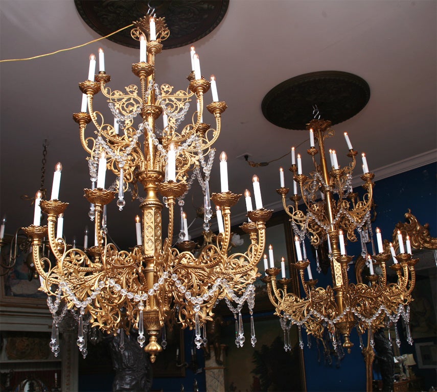 Large Pair of 19th Century Gothic Bronze & Crystal Chandeliers