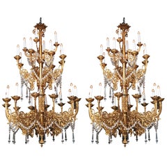 Large Pair of 19th Century Gothic Bronze & Crystal Chandeliers