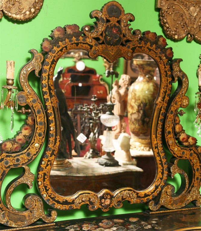 English Victorian vanity dressing table profusely painted and inlaid with mother of pearl..