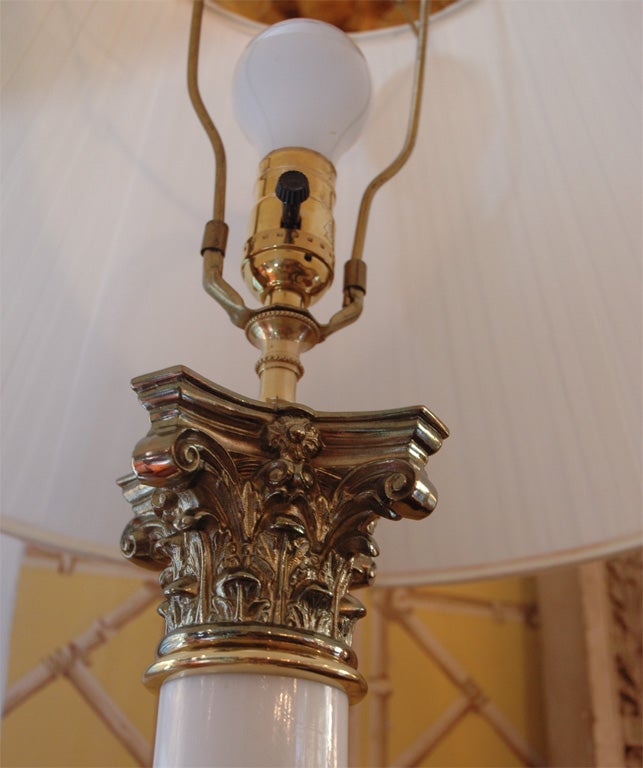 Pair of English, Circa 1920,  Glass and Brass Column Lamps