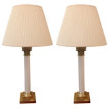 Pair of English, Circa 1920,  Glass and Brass Column Lamps