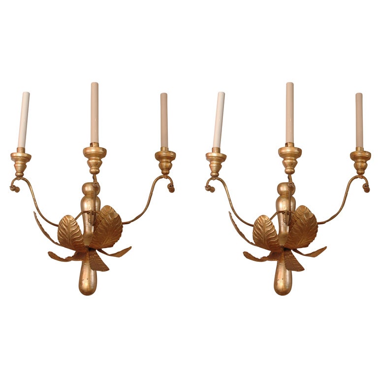 Pair of French Tole and Wooden Water Gilt Sconces, circa 1920 For Sale