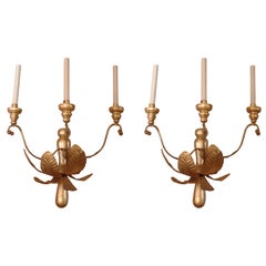 Pair of French Tole and Wooden Water Gilt Sconces, circa 1920