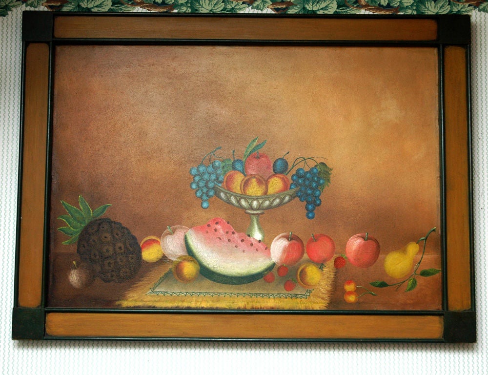 American 19th century still life painting of a compote of fruit on a table arranged with more fruit in a custom 20th century painted frame.