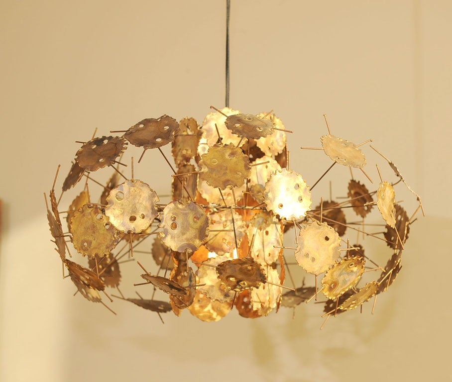 Brass Torch Cut Brutalist Jere Style Hanging Lamp 1