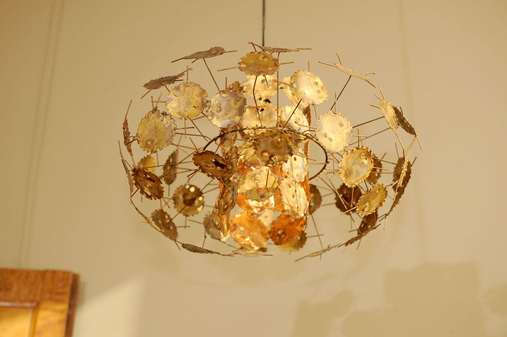 Brass Torch Cut Brutalist Jere Style Hanging Lamp 2