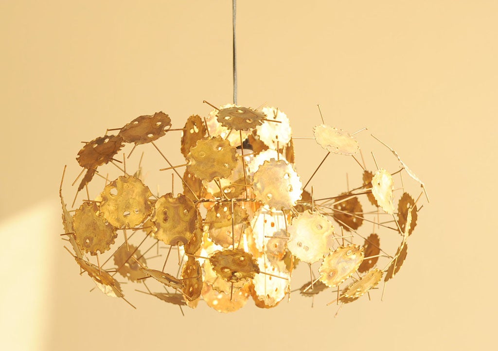 Brass Torch Cut Brutalist Jere Style Hanging Lamp 5