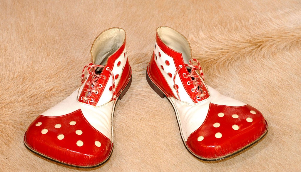 Red and white polka dot leather clown shoes