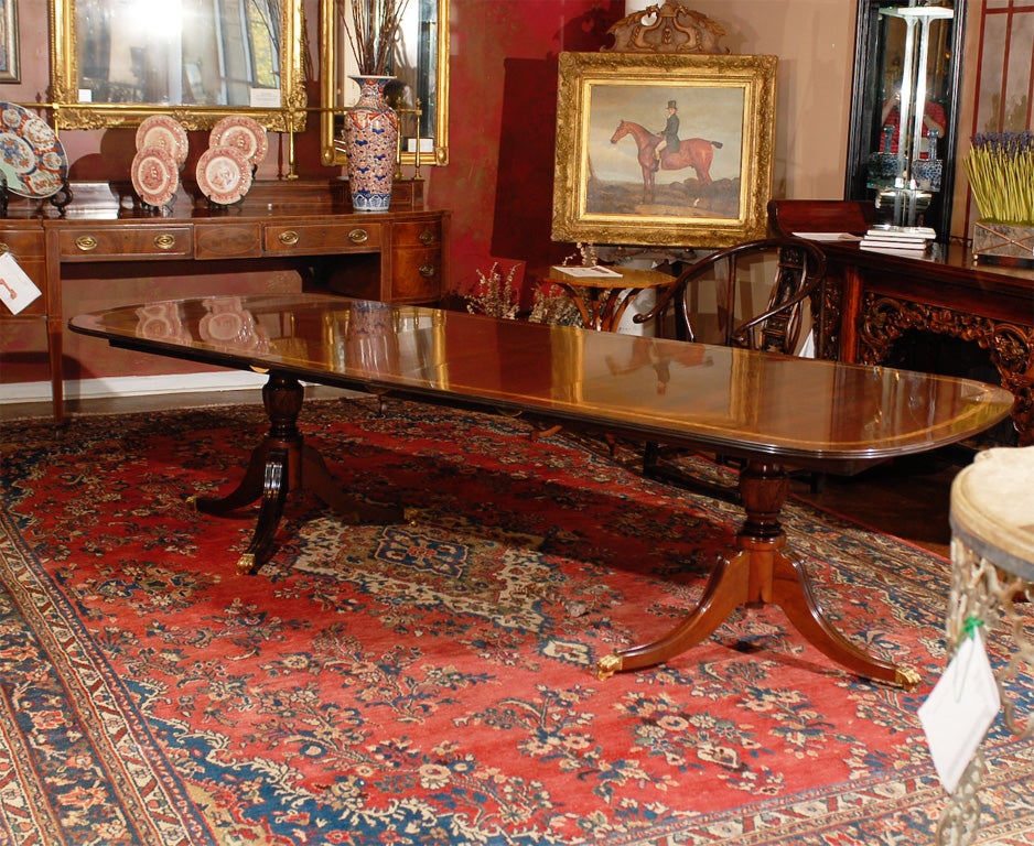Sheraton Style solid mahogany dining table with rosewood and satinwood double banded top resting on a double pedestal base. Each pedestal is vase shaped and acanthus carved and has four fluted saber legs terminating in brass paw casters. The table