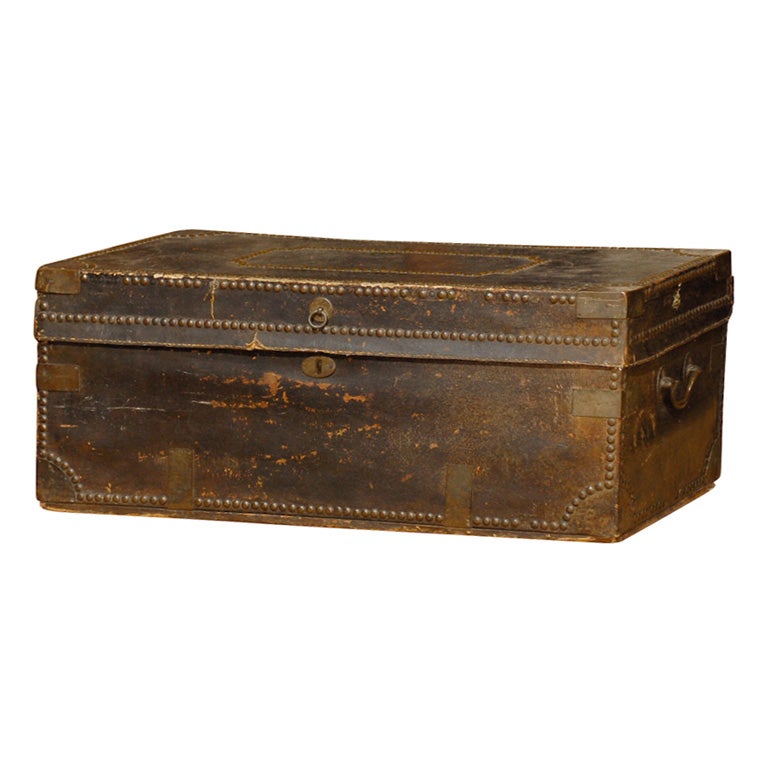 18th Century Brass Studded Leather Military Officers Chest