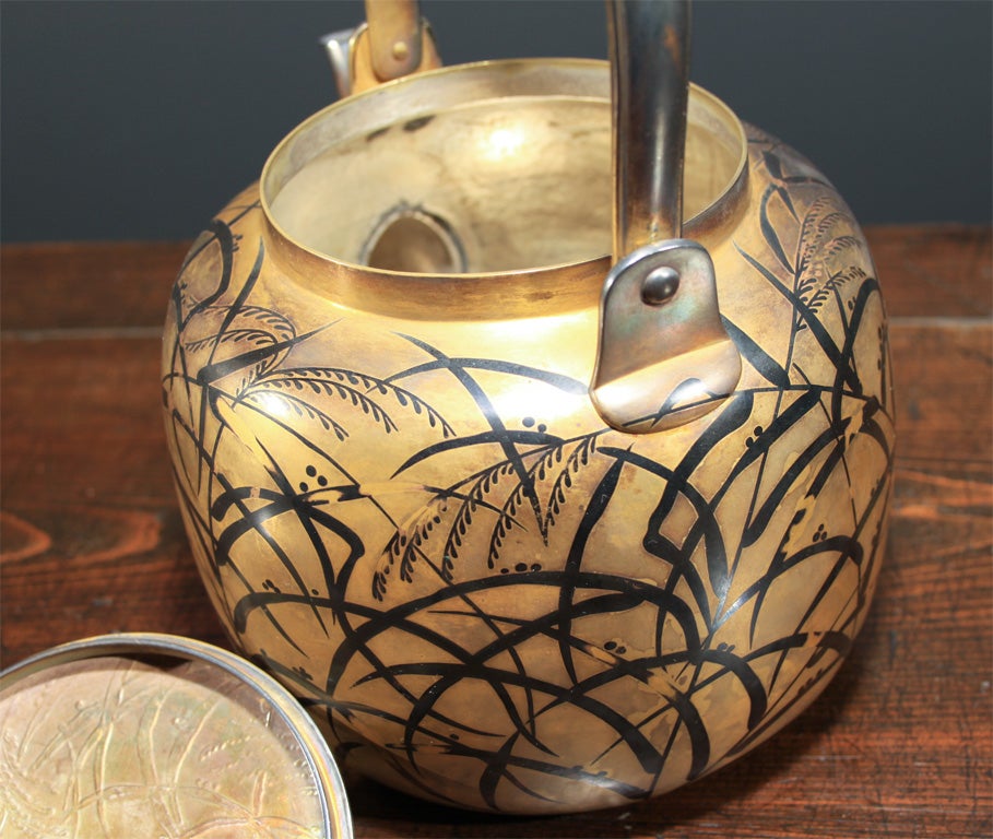 Japanese Silver Gilt Water Kettle with Summer Grasses 7