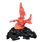 Chinese Carved Red Coral Figure of Guanyin & Dragon
