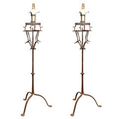 PAIR OF EARLY FRENCH IRON TORCHIERES AS FLOOR LAMPS