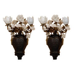 PAIR OF 19thC FRENCH PORCELAIN MOUNTED IN CHINESE BRONZE SCONCES