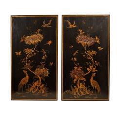 Pair Black Lacquer & Gilt Chinoiserie Panels, England, c. 1925