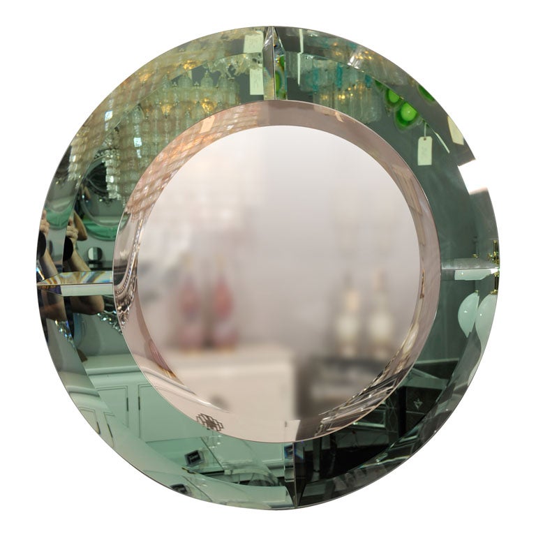 Custom Round Mirror with Green Glass Border in the Manner of Karl Springer For Sale
