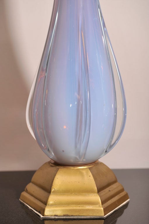 Italian PAIR OF TALL LAVENDER OPALINE MURANO LAMPS WITH GOLD GUILT BASE