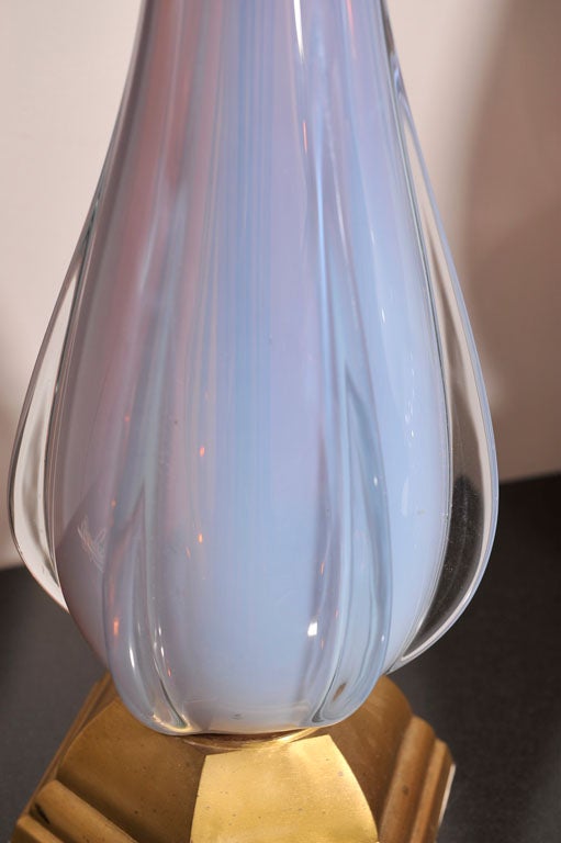 Murano Glass PAIR OF TALL LAVENDER OPALINE MURANO LAMPS WITH GOLD GUILT BASE