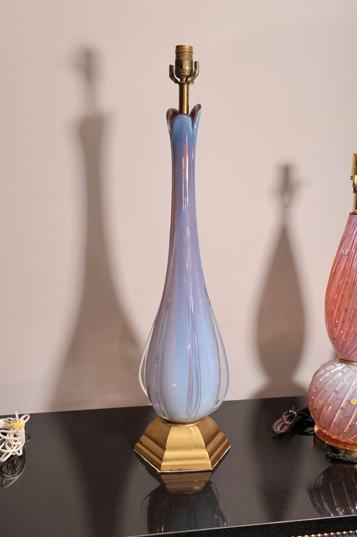 PAIR OF TALL LAVENDER OPALINE MURANO LAMPS WITH GOLD GUILT BASE 1