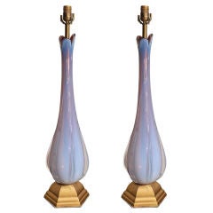 PAIR OF TALL LAVENDER OPALINE MURANO LAMPS WITH GOLD GUILT BASE