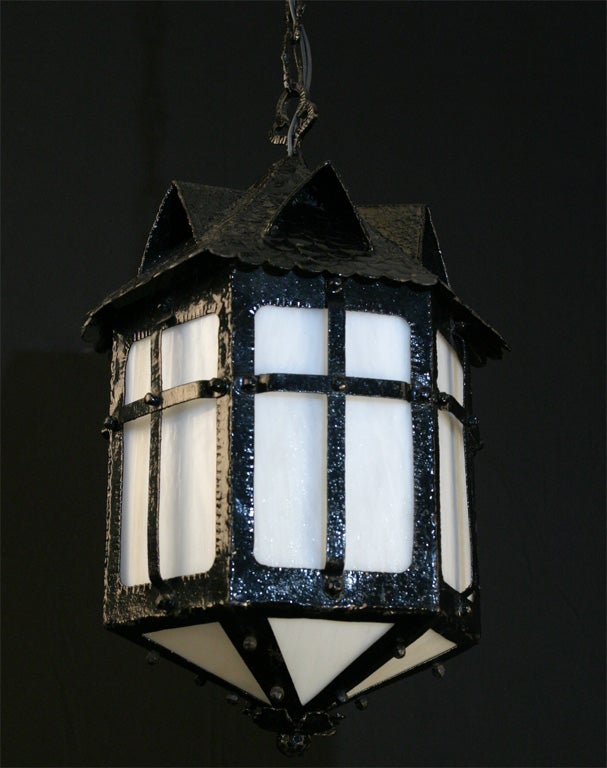 American Arts & Crafts Lantern with Slag Glass For Sale