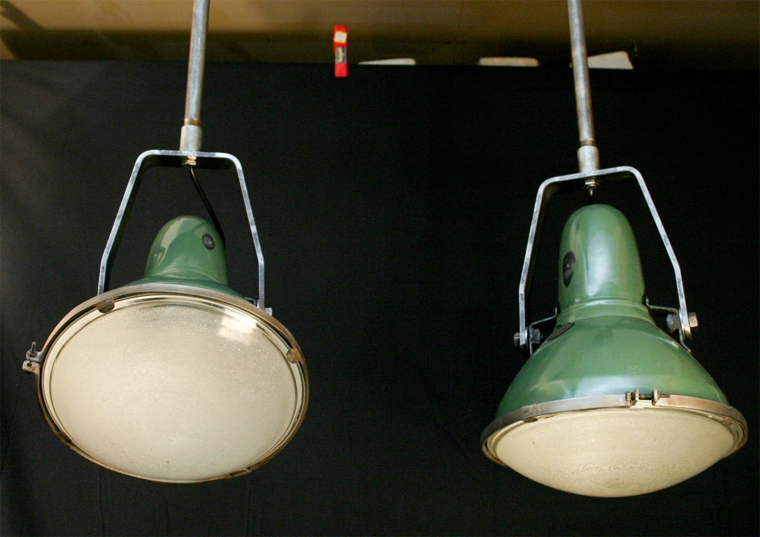 Pair Green Enamel Spot Light Pendants