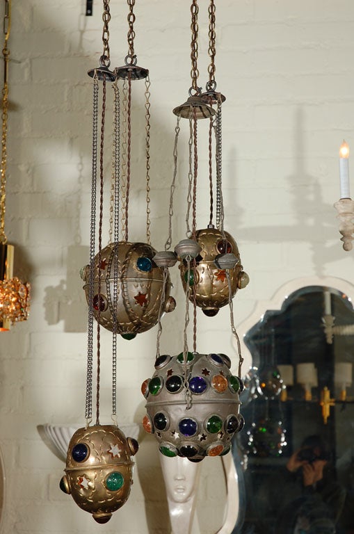 Moroccan fixture with four hanging pendant - lantern cluster. Great vintage, rewired. See last photo for more accurate material colors.
