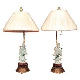 A pair of of Chinese Jade carved figures, converted to lamps