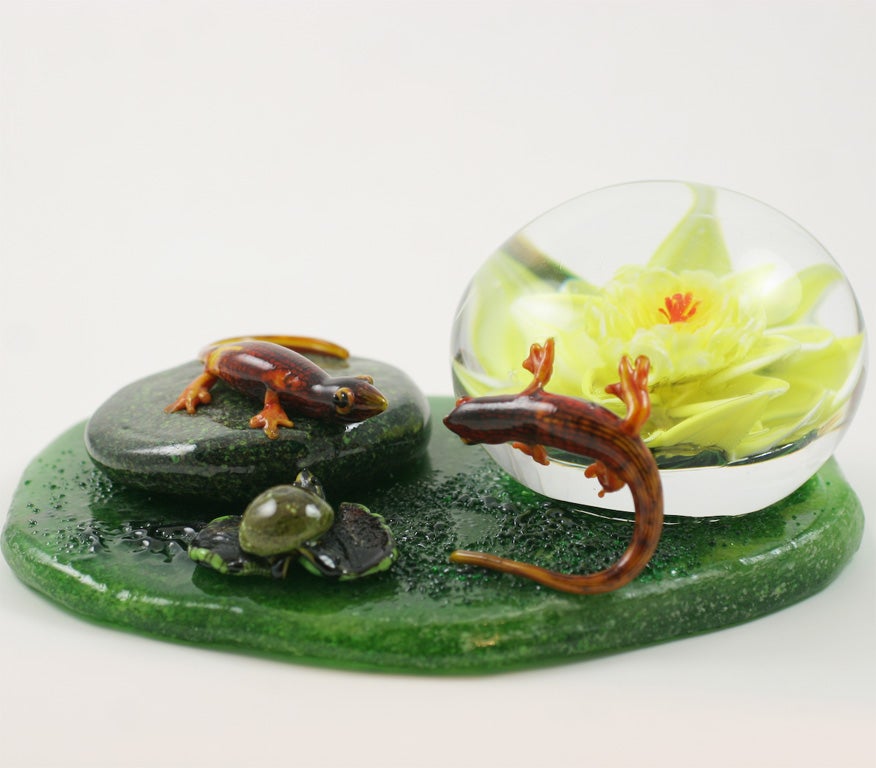 Rick Ayotte Waterlily Sculpture With Salamanders