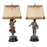 Antique Charming Pair of French Figurine Lamps with Custom Shades
