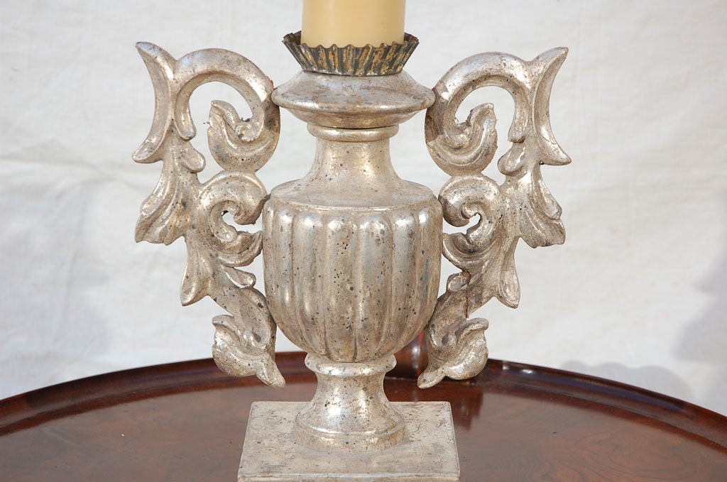 Mid-20th Century Pair of Italian Carved Wood Silver Urn/Candleholders
