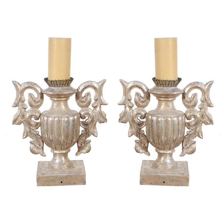 Pair of Italian Carved Wood Silver Urn/Candleholders