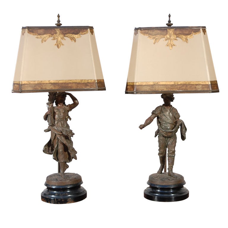 Charming Pair of French Figurine Lamps with Custom Shades at 1stDibs