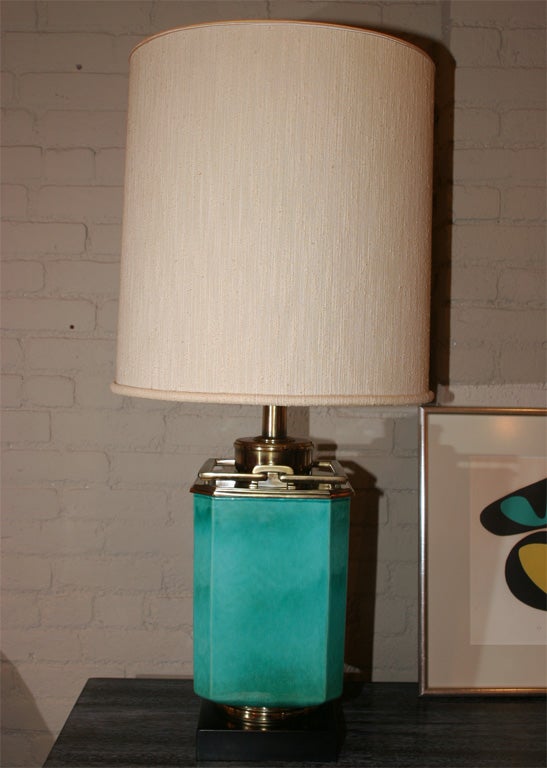 Turquoise enamel lamp with brass trim and original shade by Stiffel