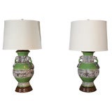 Pair of 60's lamps with Aztec decorations and crackle glaze