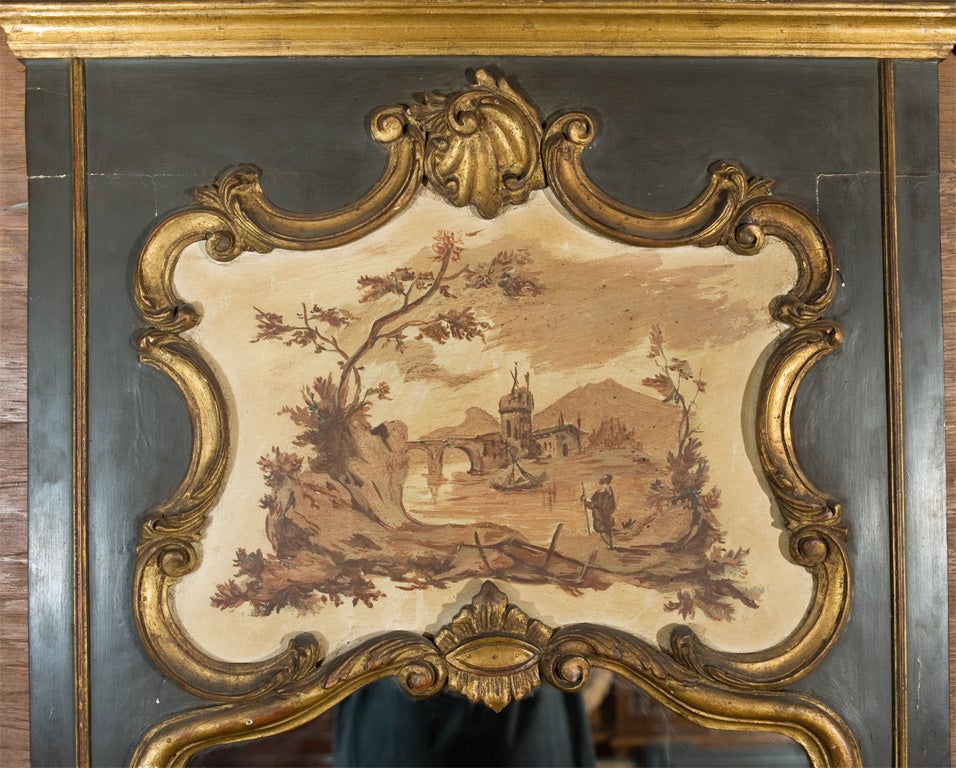 Louis XV style trumeau mirrors with Chinoiserie scenes painted on canvas panels set into gilt and painted frames.