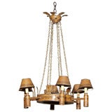 Antique French Empire six-light yellow tole chandelier.