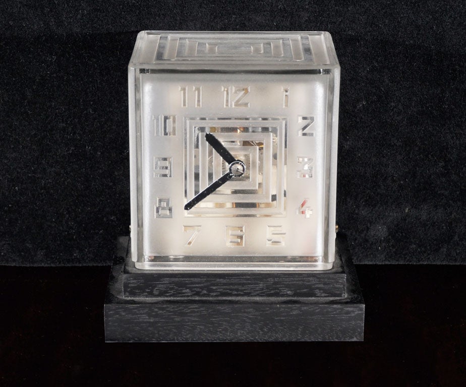 Rare A.R. Lalique/ Bulle Cube Clock<br />
Frosted Glass on Ebonized Wood Base