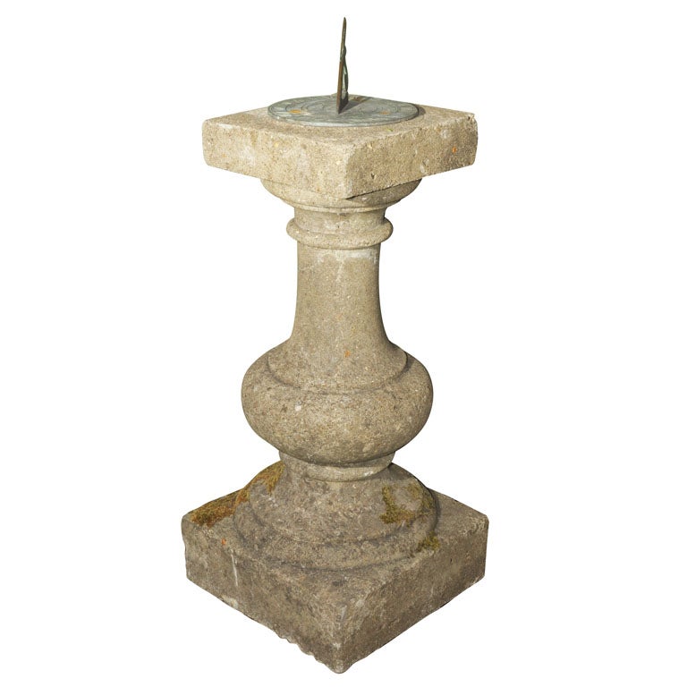 Bronze Sundial on Baluster-Shaped Column Base of Garden Stone