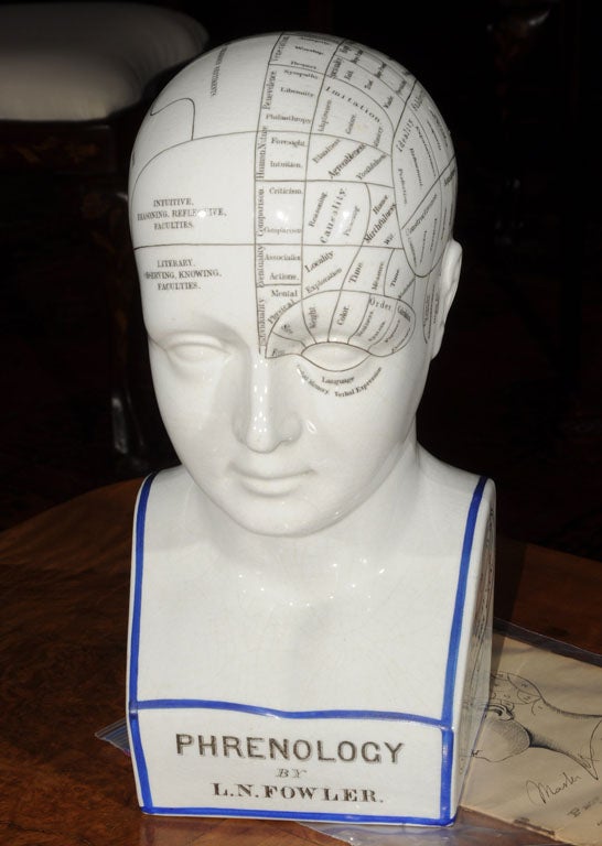 A glazed phrenological bust by Lorenzo Niles Fowler (1811-1896) displaying 42 phrenological organs and their names on one side and their seven collective groupings on the other. Fowler's own additions such as Conjugality (Love of Matrimony) and