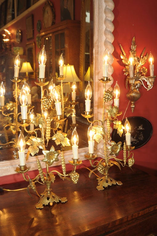 Pair of French Gilt Metal Girandoles - Five-Light Candelabras In Good Condition For Sale In Austin, TX