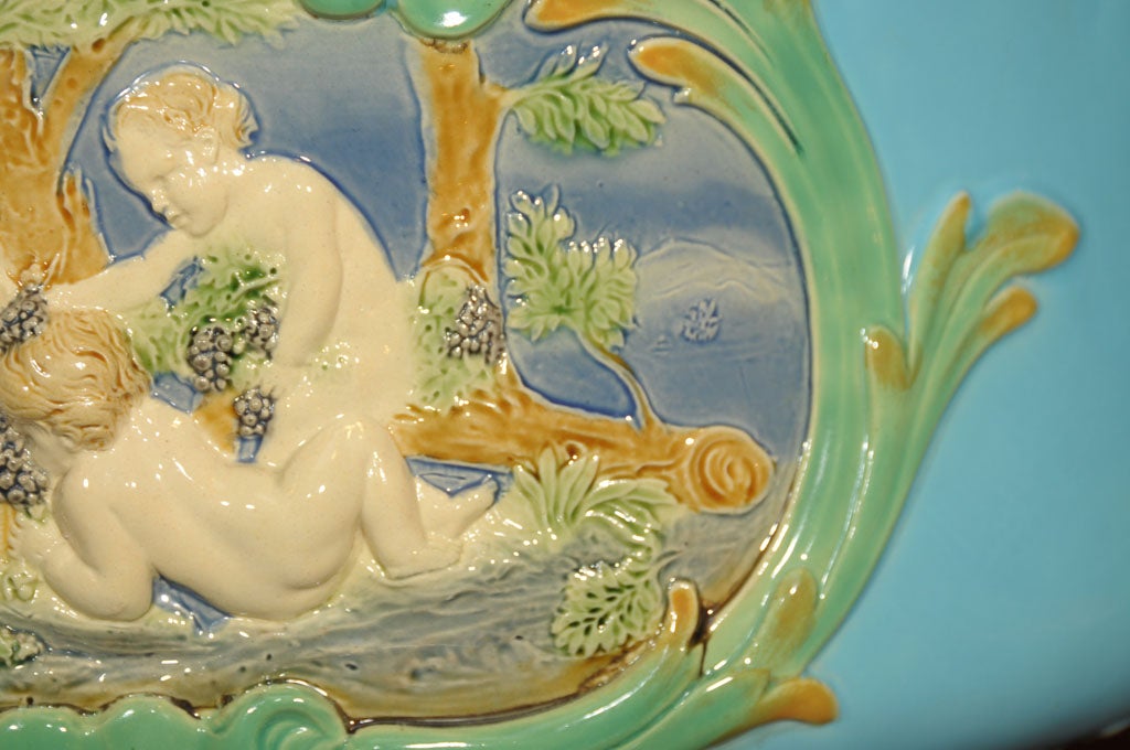 19th Century Majolica Jardiniere or Wine Cooler with Cherub Relief  by Minton