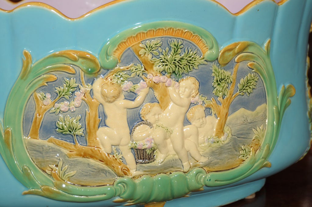 Majolica Jardiniere or Wine Cooler with Cherub Relief  by Minton 2