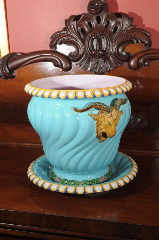 English Majolica Pot with Ram's Heads by Minton