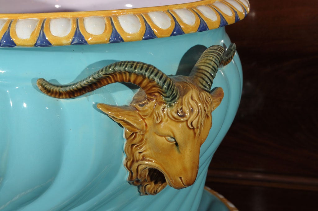 Glazed Majolica Pot with Ram's Heads by Minton